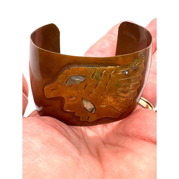 Vintage Mexican Copper Brass Cuff Bracelet Eagle Design Abalone Inlay Boho - Picture 3 of 6
